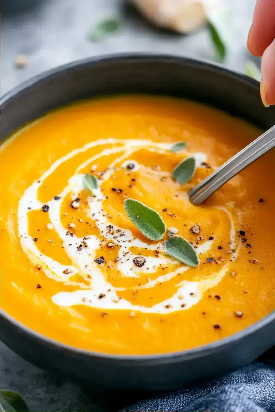Creamy roasted butternut squash soup garnished with a swirl of cream