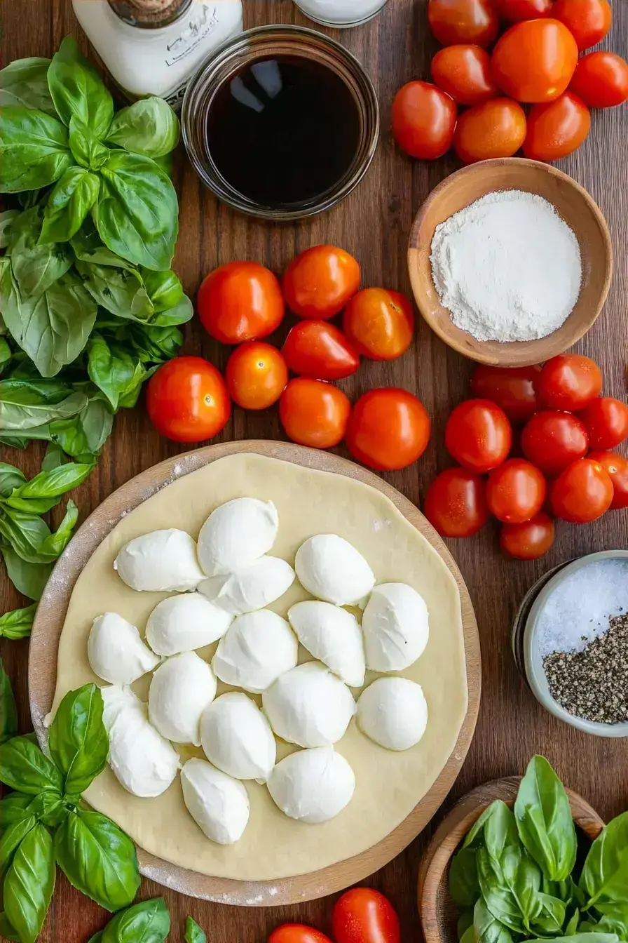 Fresh ingredients for making a Caprese Wreath on a wooden table