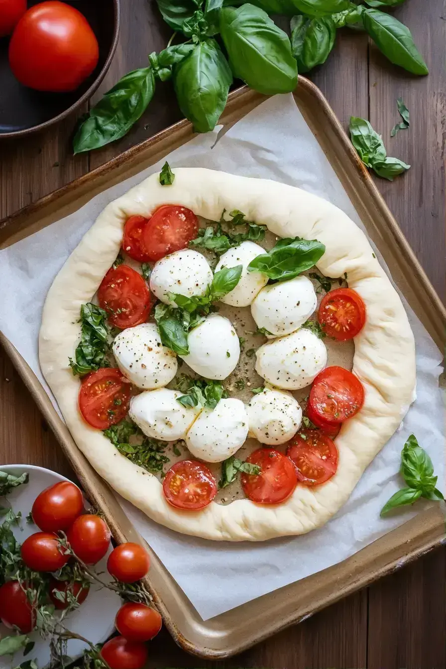 Baked crescent dough shaped into a wreath for Caprese appetizer
