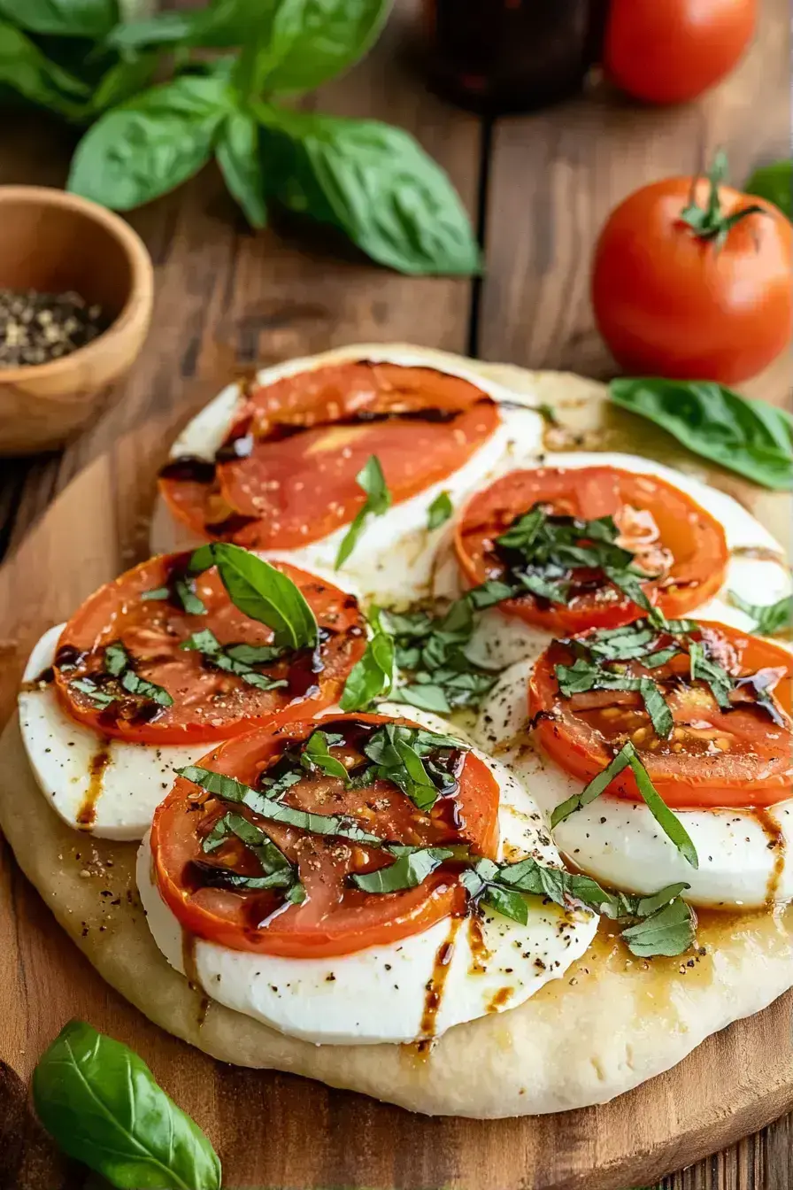 Finished flaky pastry ring with ripe tomatoes and fresh basil
