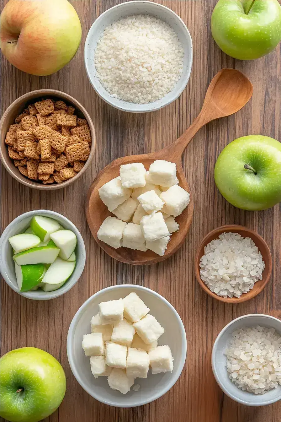 All the ingredients lined up to make this Caramel Apple Puppy Chow snack