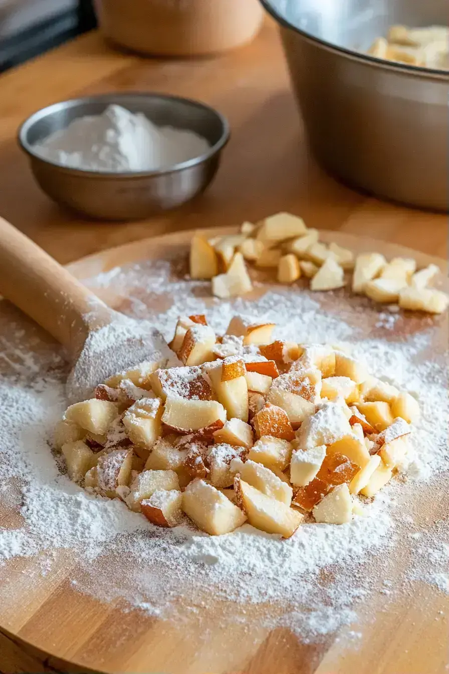 The final Caramel Apple Puppy Chow with dried apples mixed in
