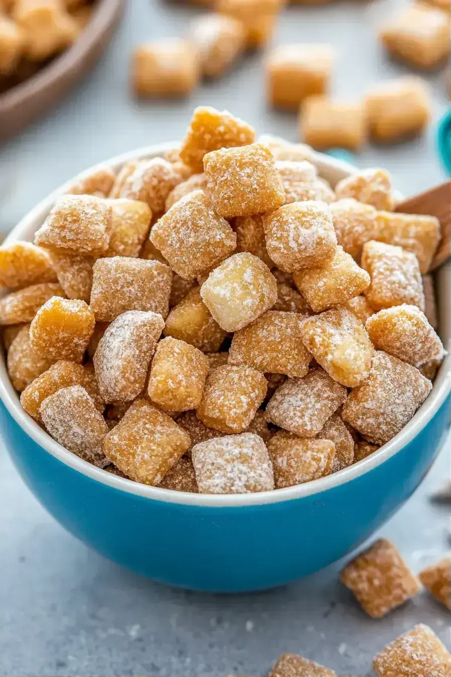 Serving Caramel Apple Puppy Chow in a mason jar for a party favor