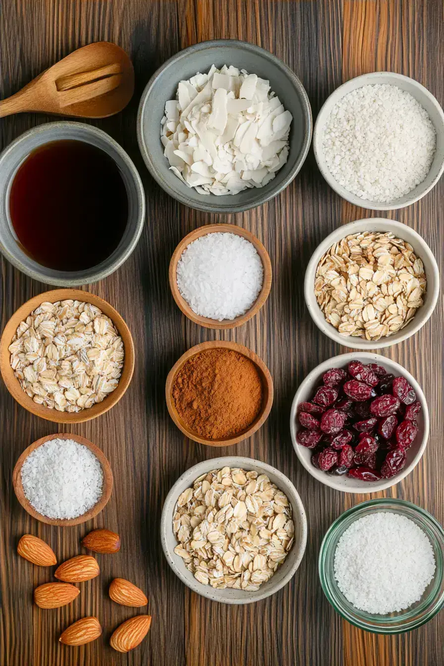 All the ingredients for making chai granola laid out on a rustic counter