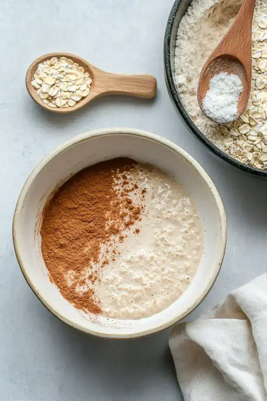 Pouring the spiced maple syrup mixture over the oat base for chai granola