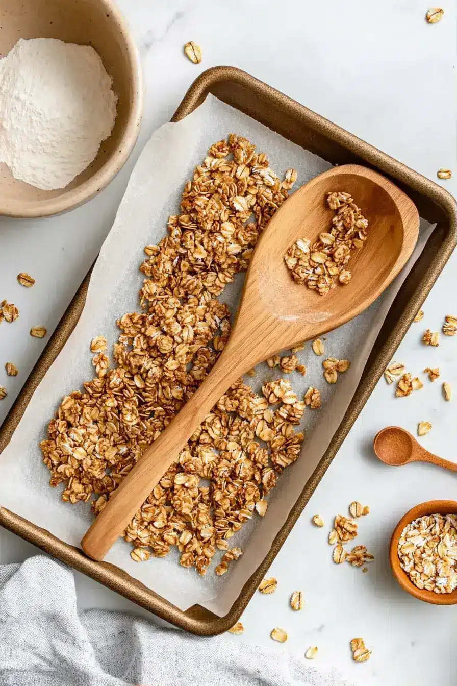The final baked chai granola with cranberries in a glass jar