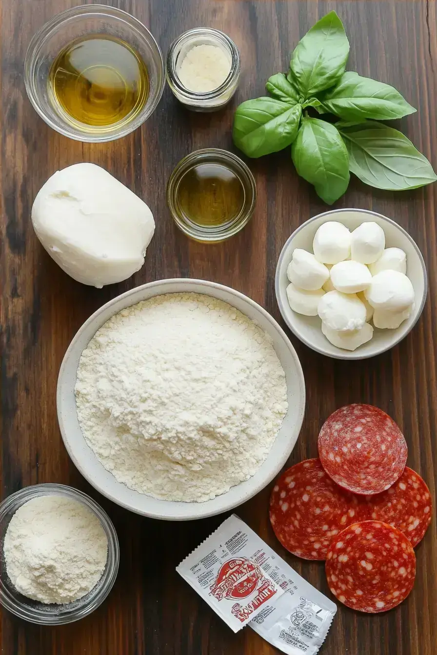 Charcoal Pizza ingredients laid out on a rustic wooden table