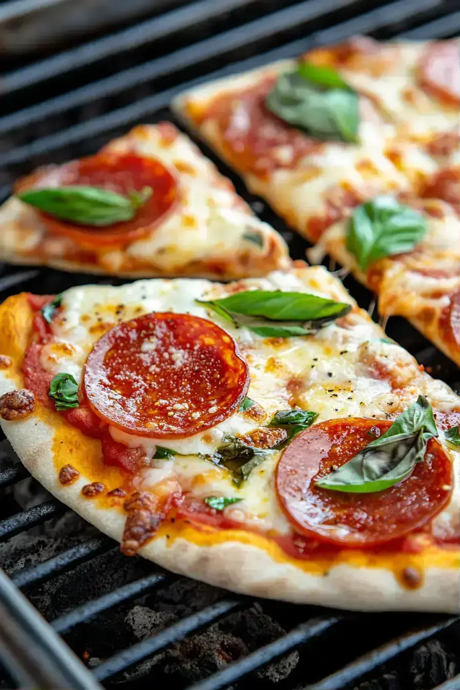 Charcoal Pizza served on a wooden board with fresh basil and a side salad