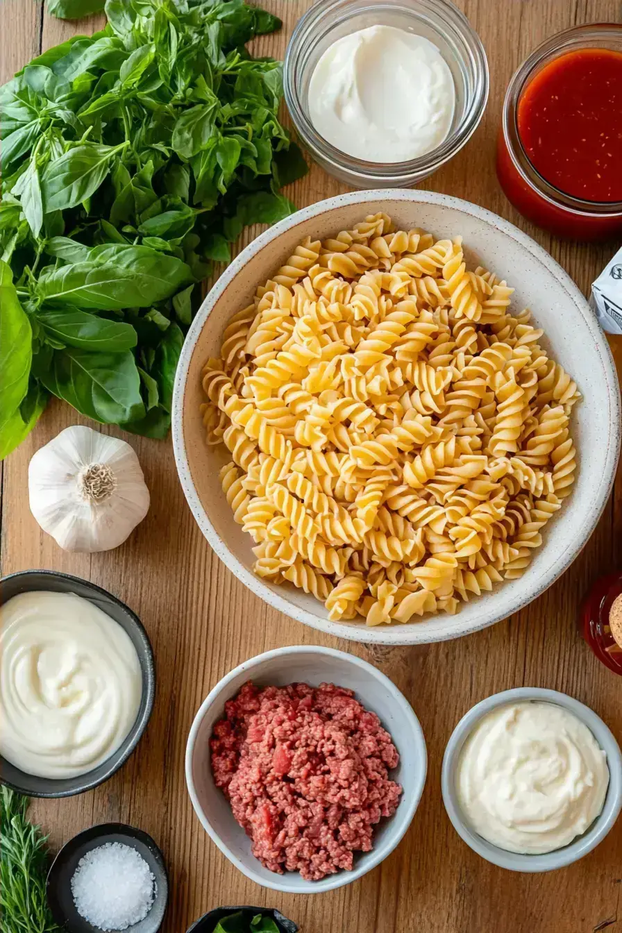 All the raw ingredients for making Cheeseburger Pasta on a counter