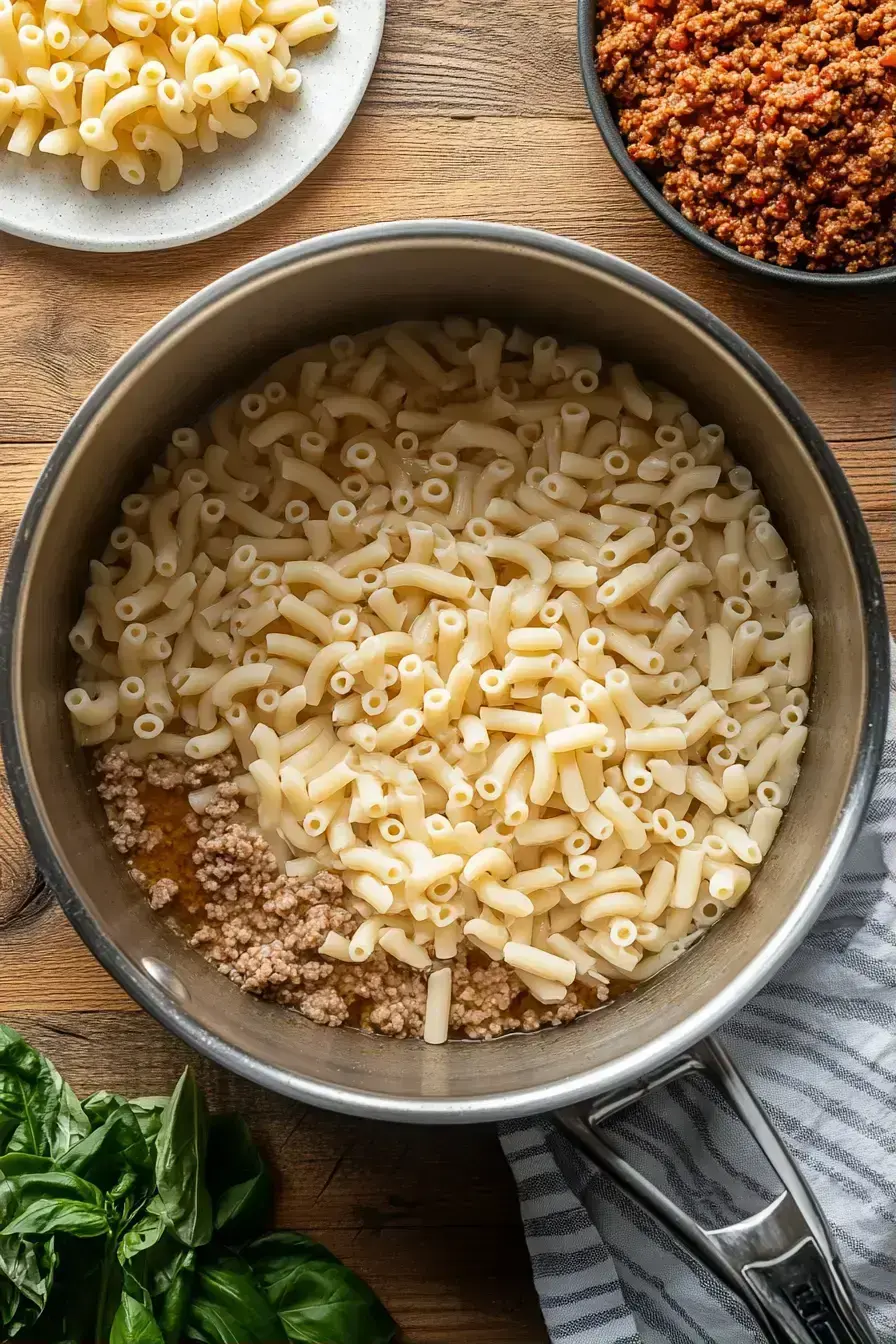 Ground beef browning in a skillet for Cheeseburger Pasta