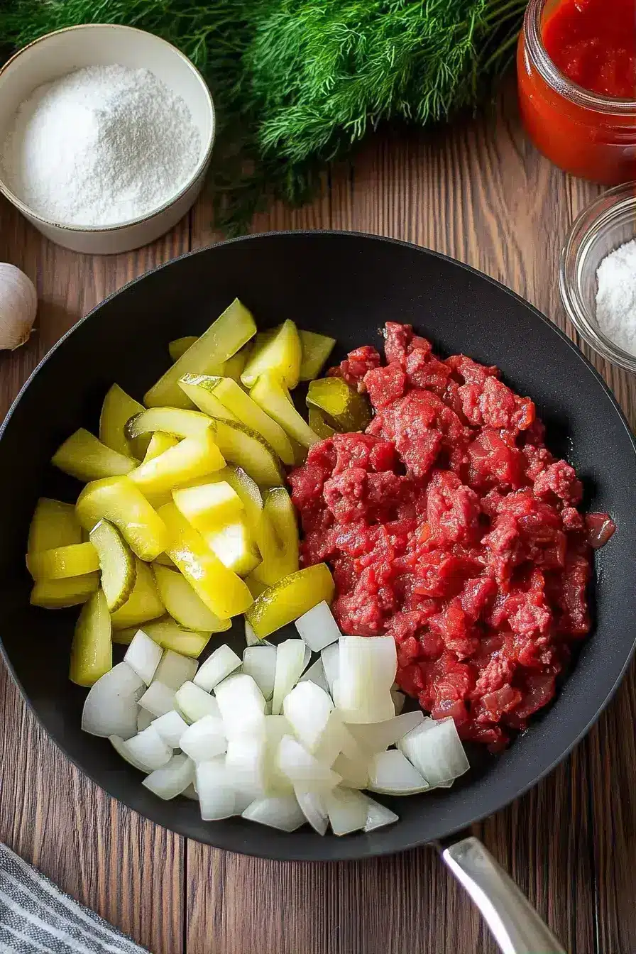 Simmering sauce for the Cheeseburger Pasta in a skillet