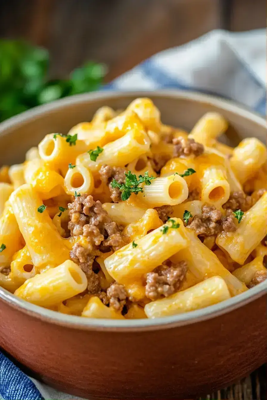 Cheeseburger Pasta served in a bowl with a fresh side salad