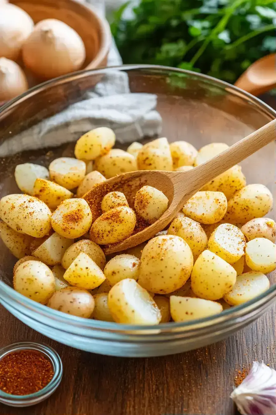 Seasoning Cheesy Ranch Potatoes in a bowl