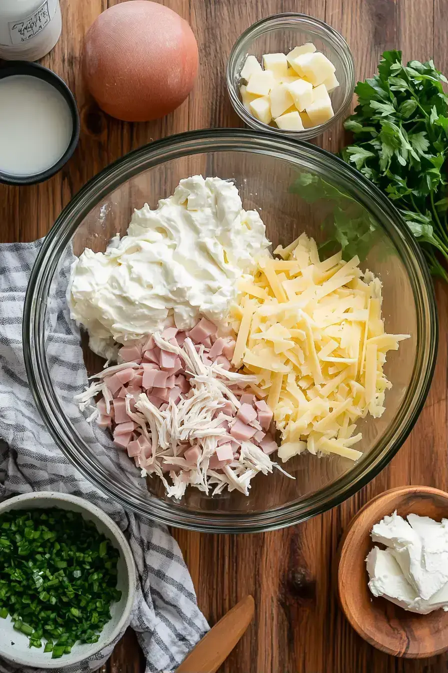 Mixing ingredients for Chicken Cordon Bleu Dip