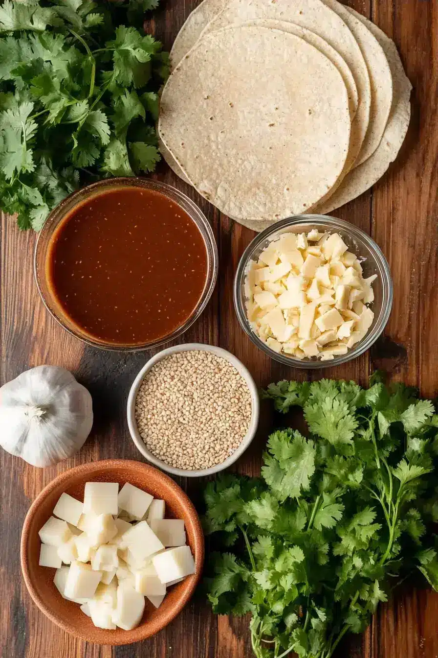 Ingredients needed for making Chicken Mole Enchiladas on a wooden table