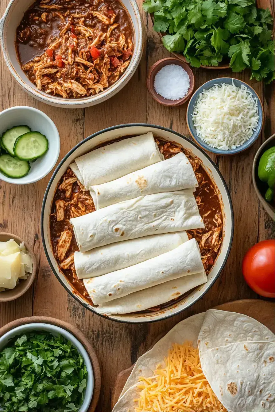 Bubbling hot Chicken Mole Enchiladas fresh from the oven with melted cheese