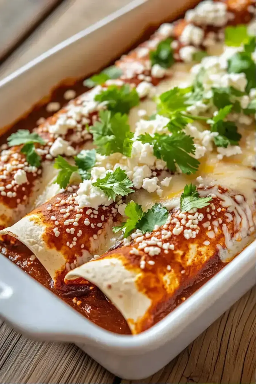 Beautifully plated Chicken Mole Enchiladas with fresh sides and garnishes