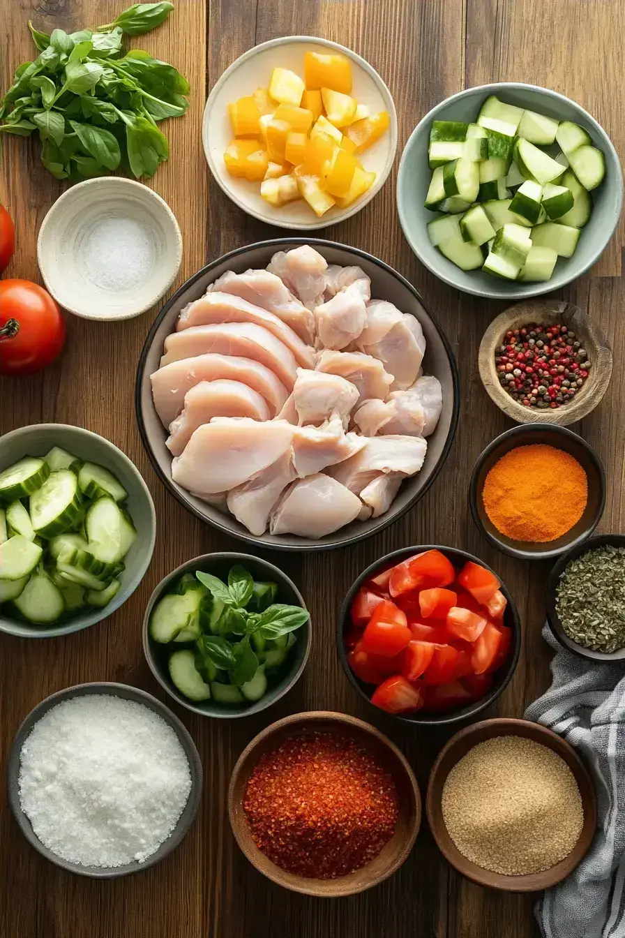 Fresh ingredients for making chicken pasta laid out on a wooden table