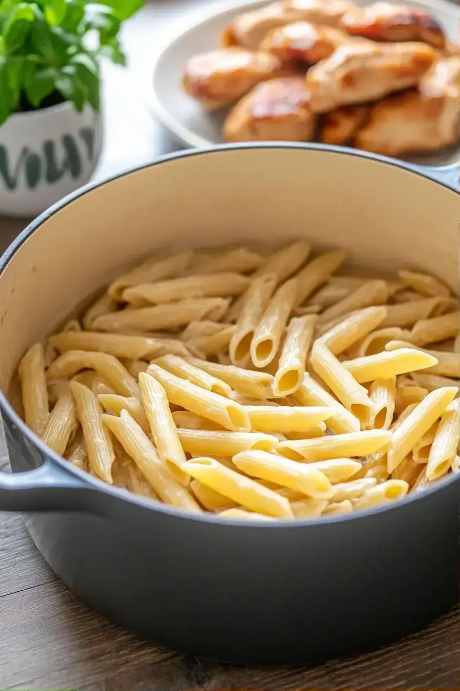 Creamy Parmesan sauce simmering for chicken pasta