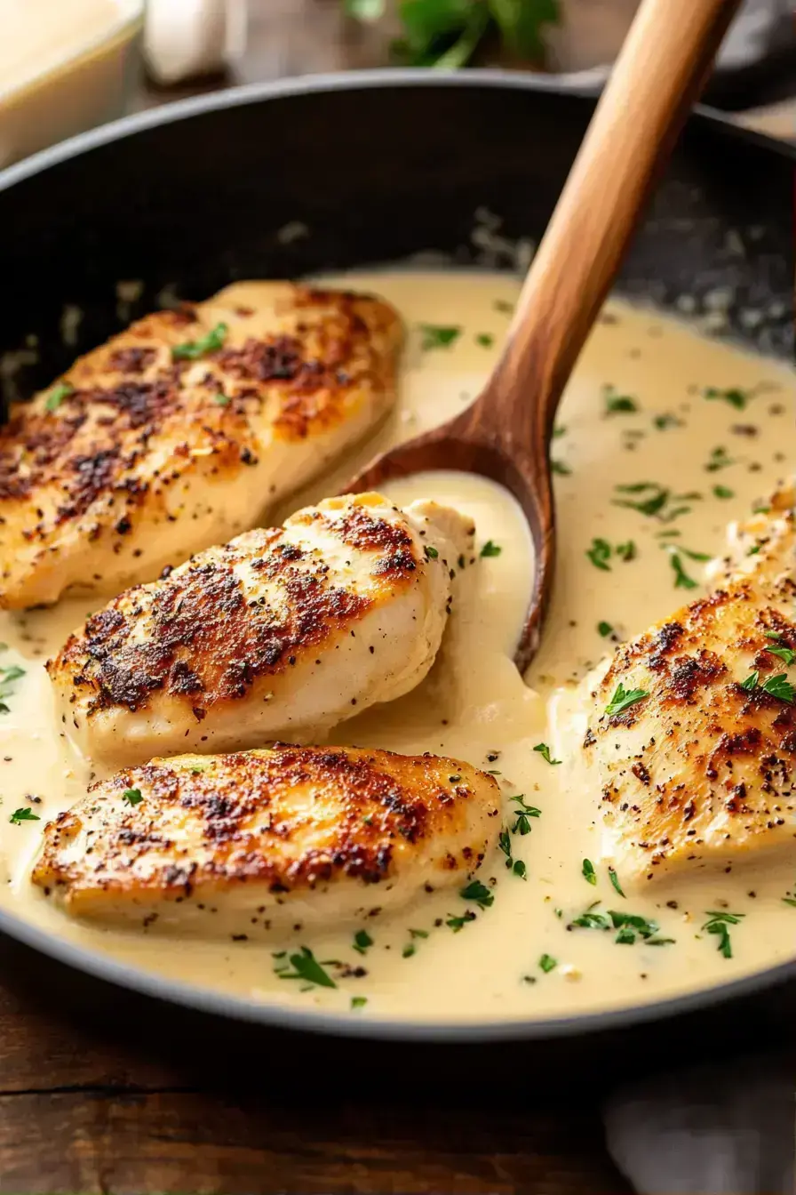 Finished chicken pasta garnished with fresh basil and Parmesan