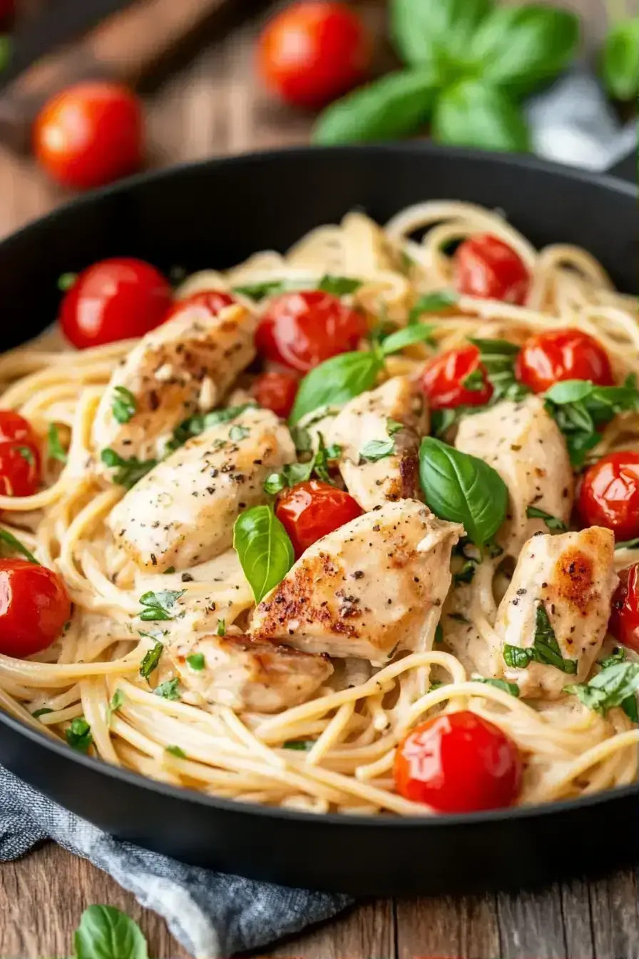 Beautifully plated chicken pasta with fresh basil garnish ready to serve