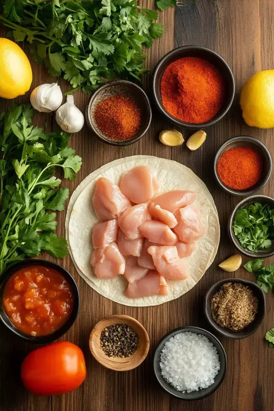 All ingredients for chicken tacos recipe laid out on a rustic kitchen counter