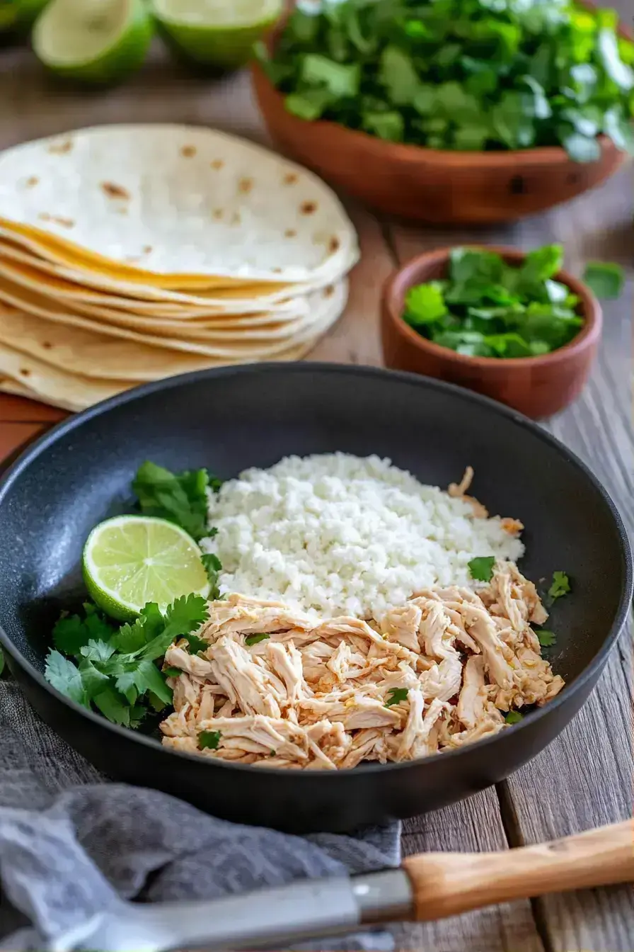 Assembled chicken tacos with fresh toppings on a colorful plate