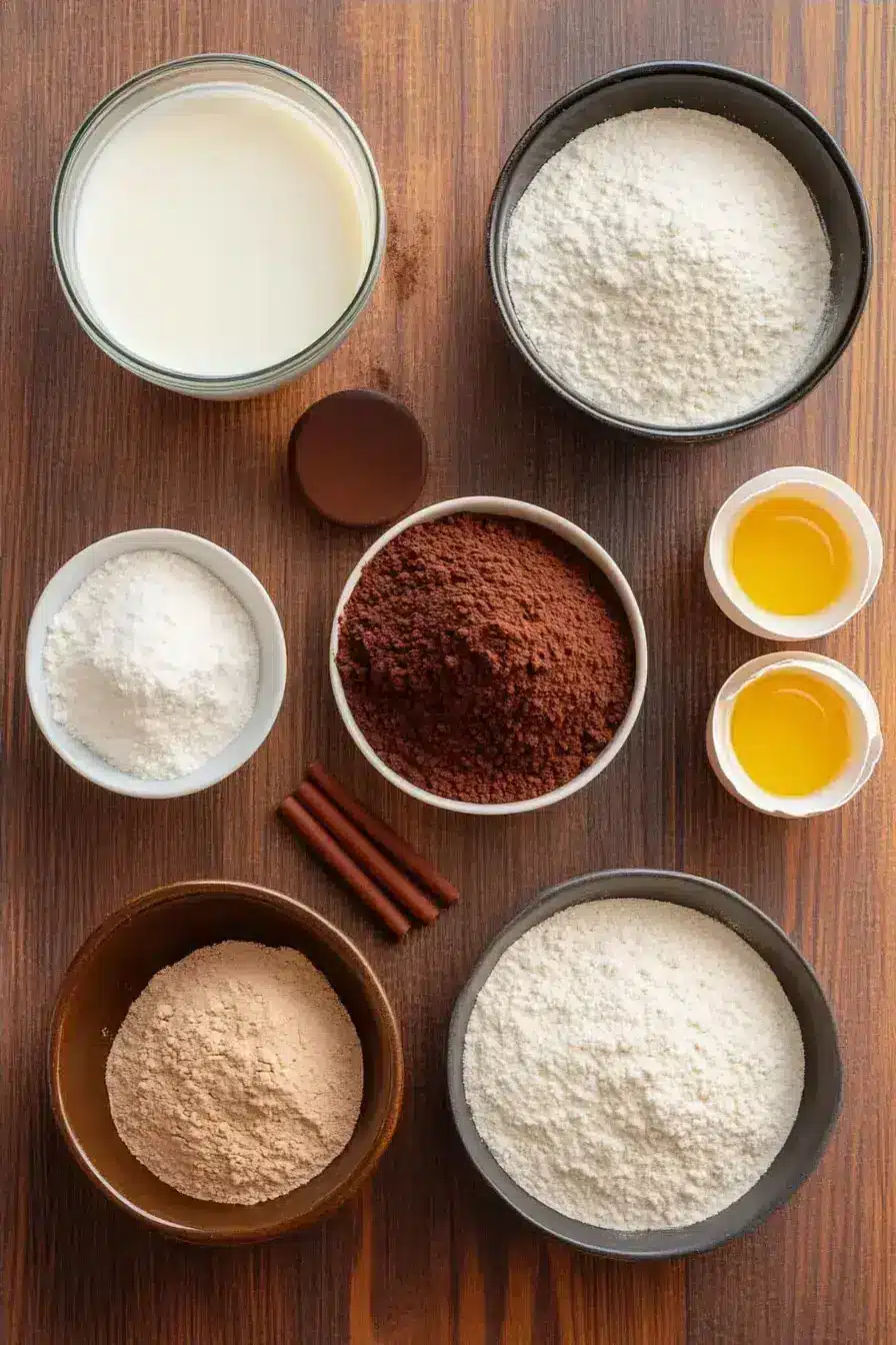 All the ingredients for a rich chocolate cake laid out on a counter