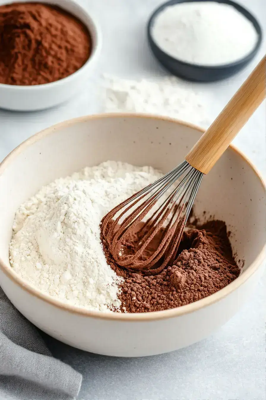 Whisking dry ingredients for a fluffy chocolate sponge using eggs
