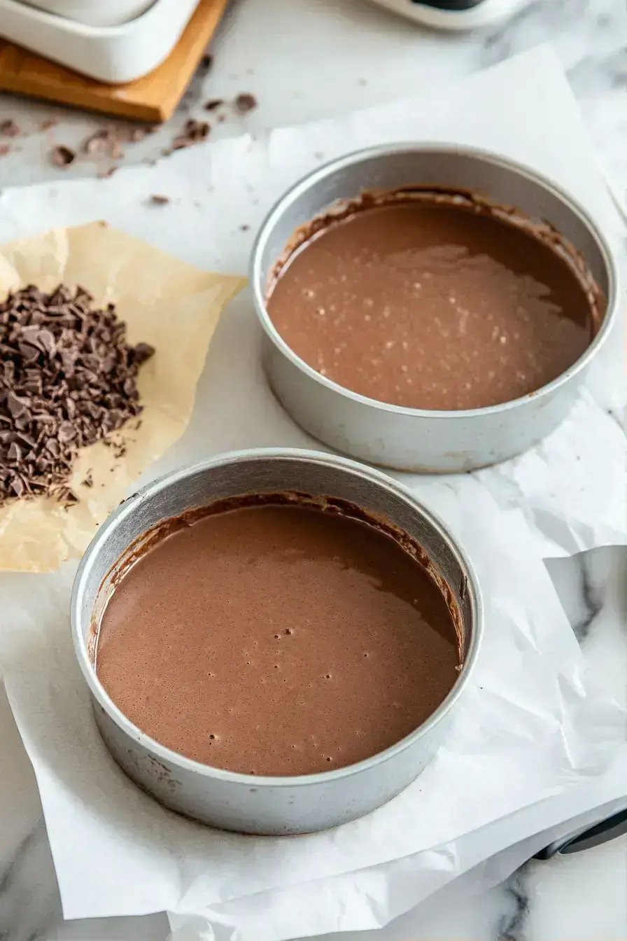 Two perfectly baked chocolate cake layers cooling on a wire rack