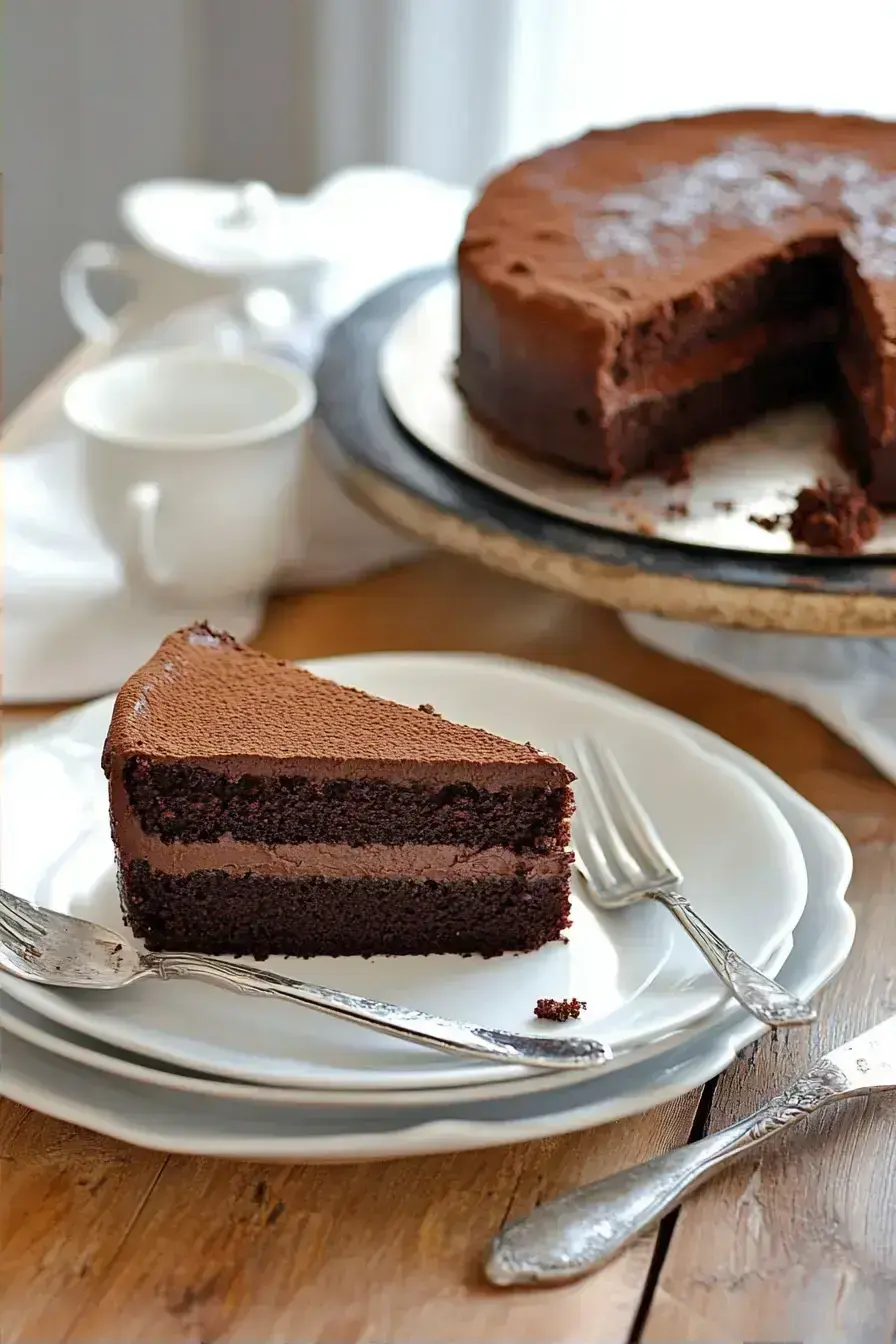A beautiful slice of rich chocolate cake with velvety frosting