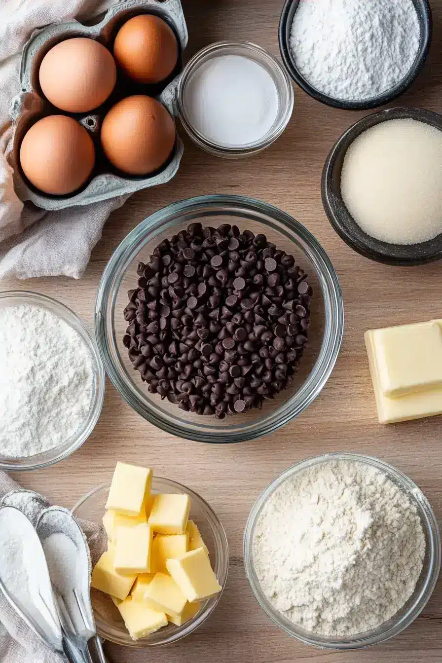 Ingredients for chocolate chip cookies laid out on a wooden table