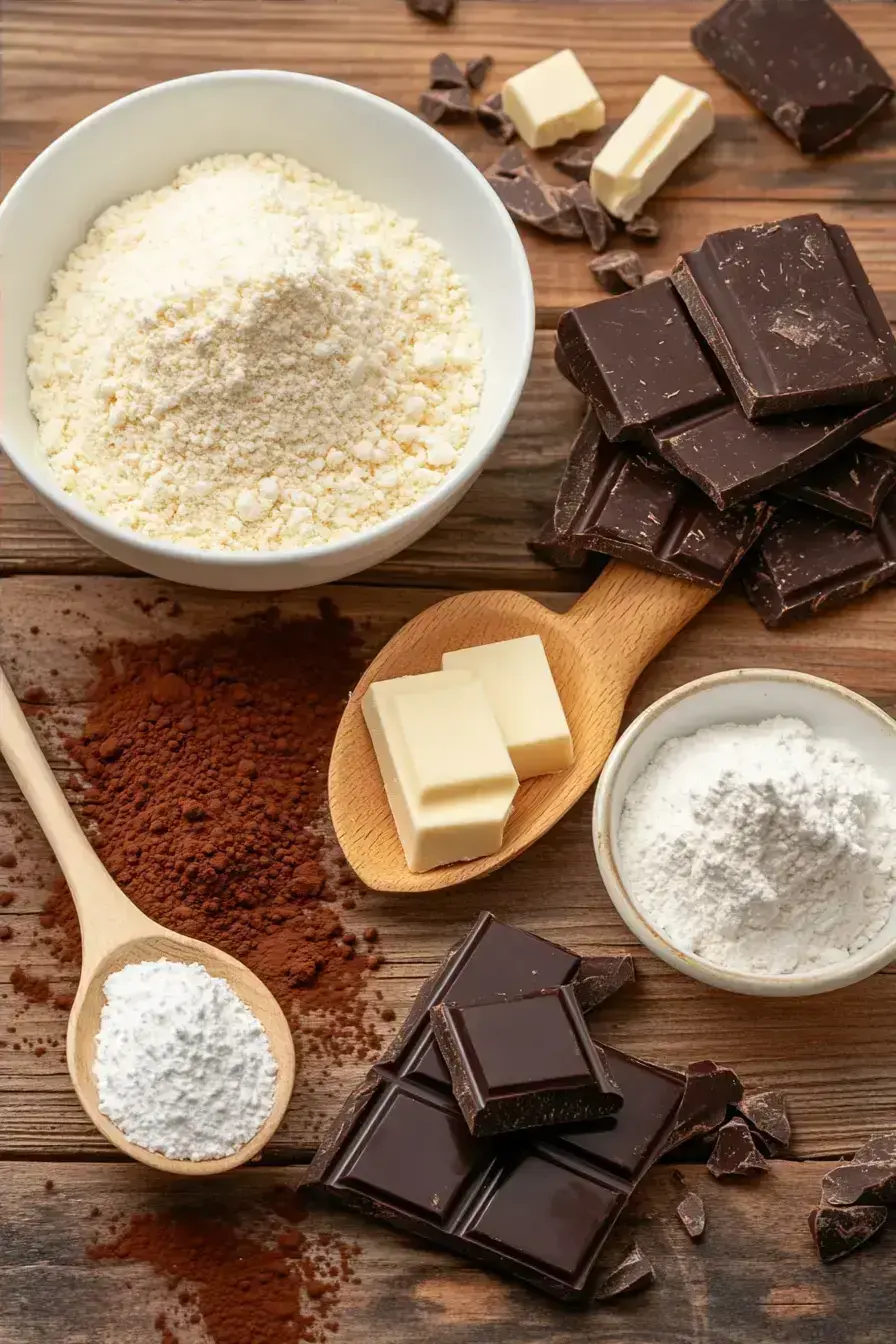 Assorted baking ingredients for making chocolate cupcakes on a wooden table