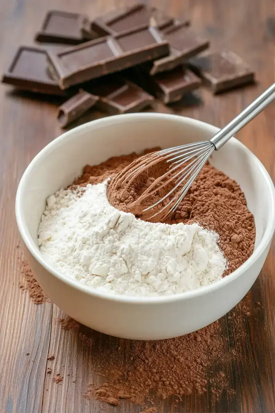 Whisking together dry ingredients for chocolate cupcakes in a mixing bowl