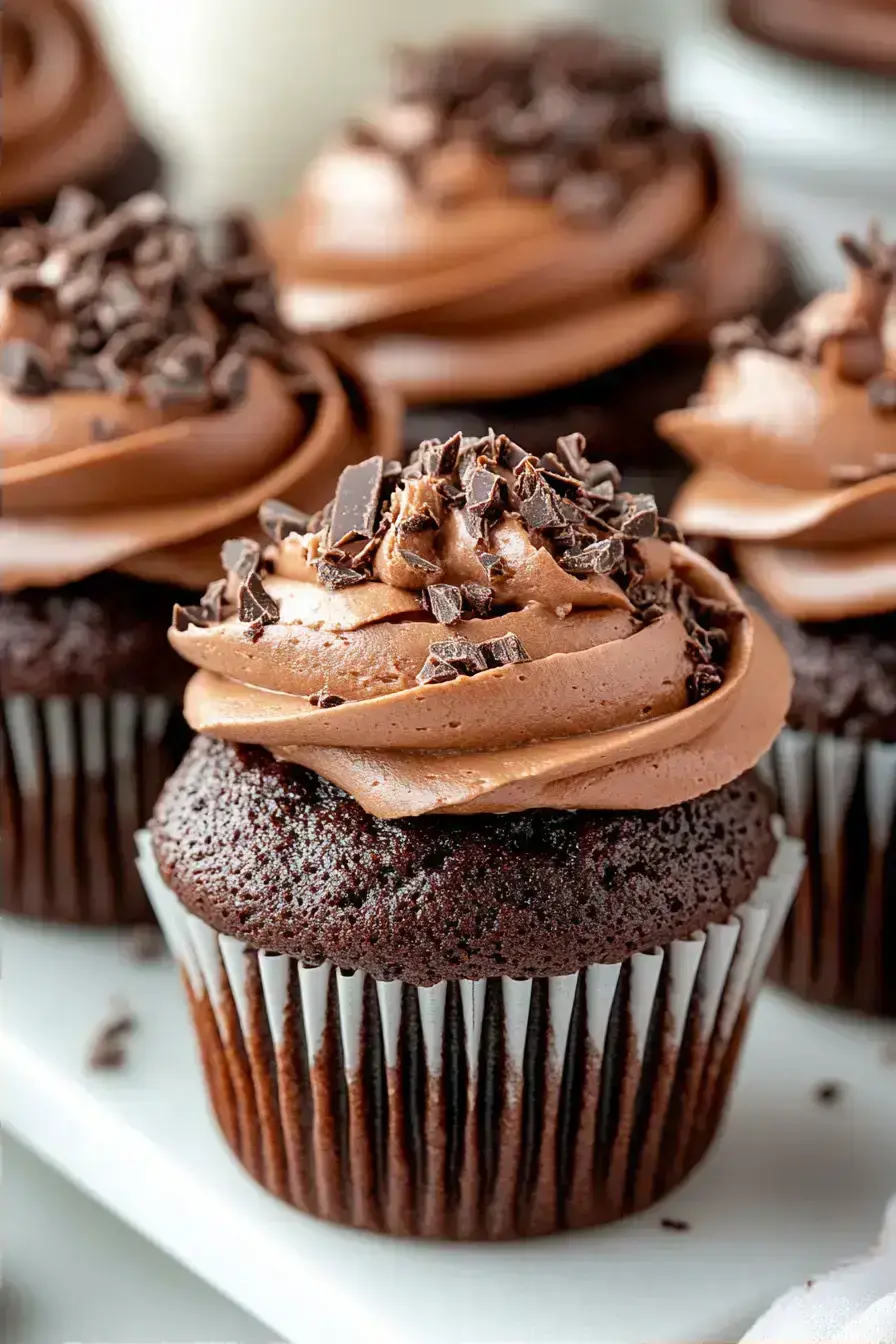Fresh batch of rich, moist chocolate cupcakes cooling on a wire rack