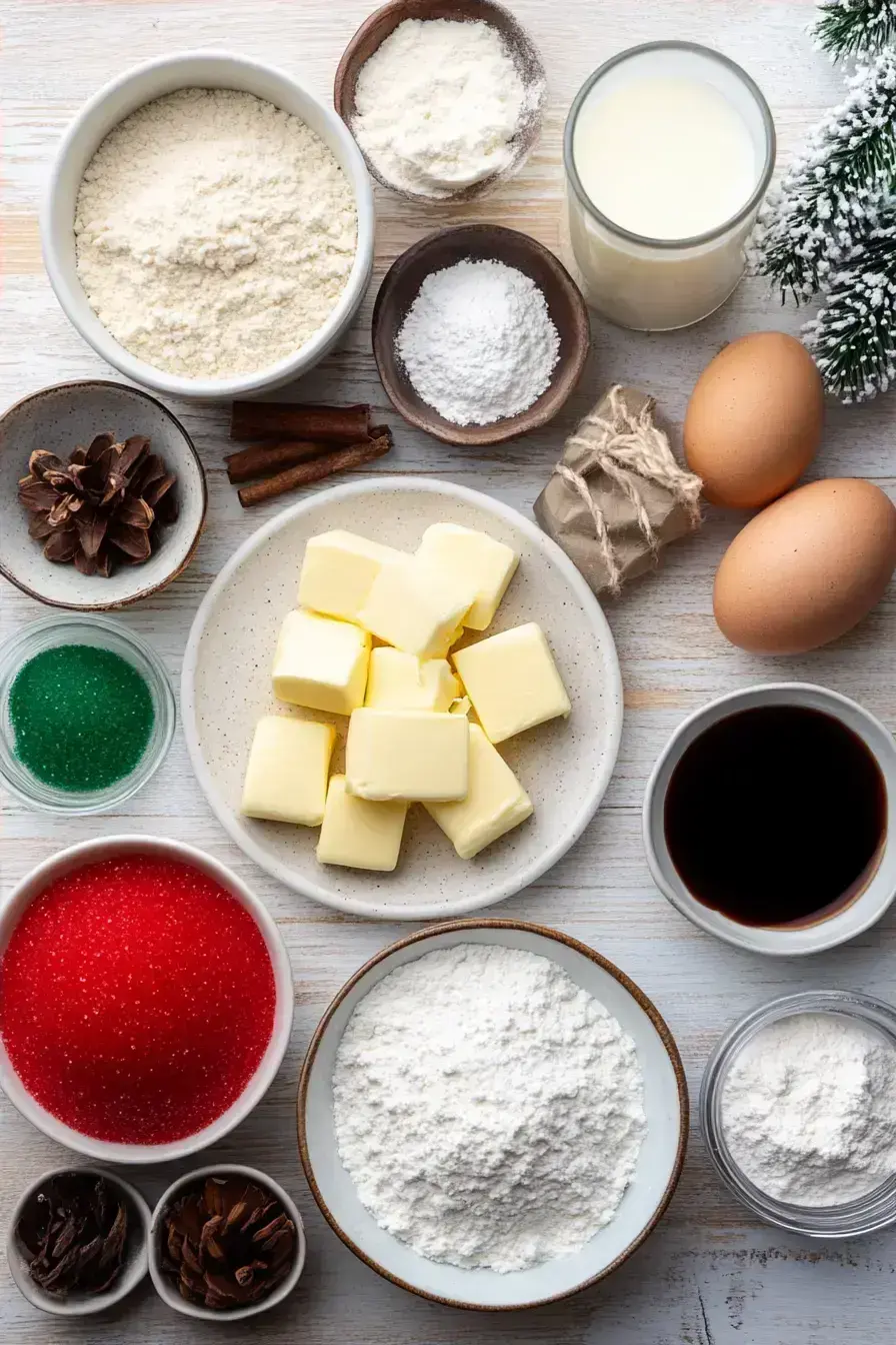 Ingredients for making classic butter dough with food coloring