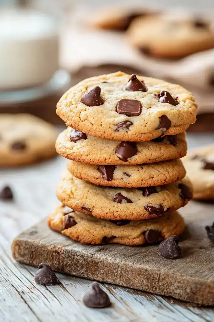 A stack of cookies showing their soft texture and chocolate chips