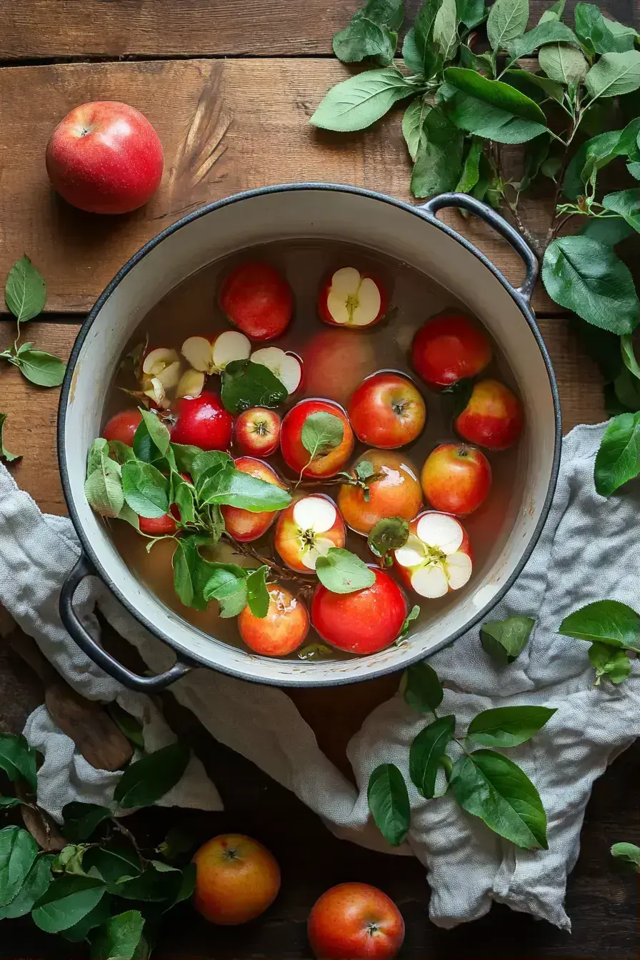 Mashing softened crabapples for a spiced crabapple sauce