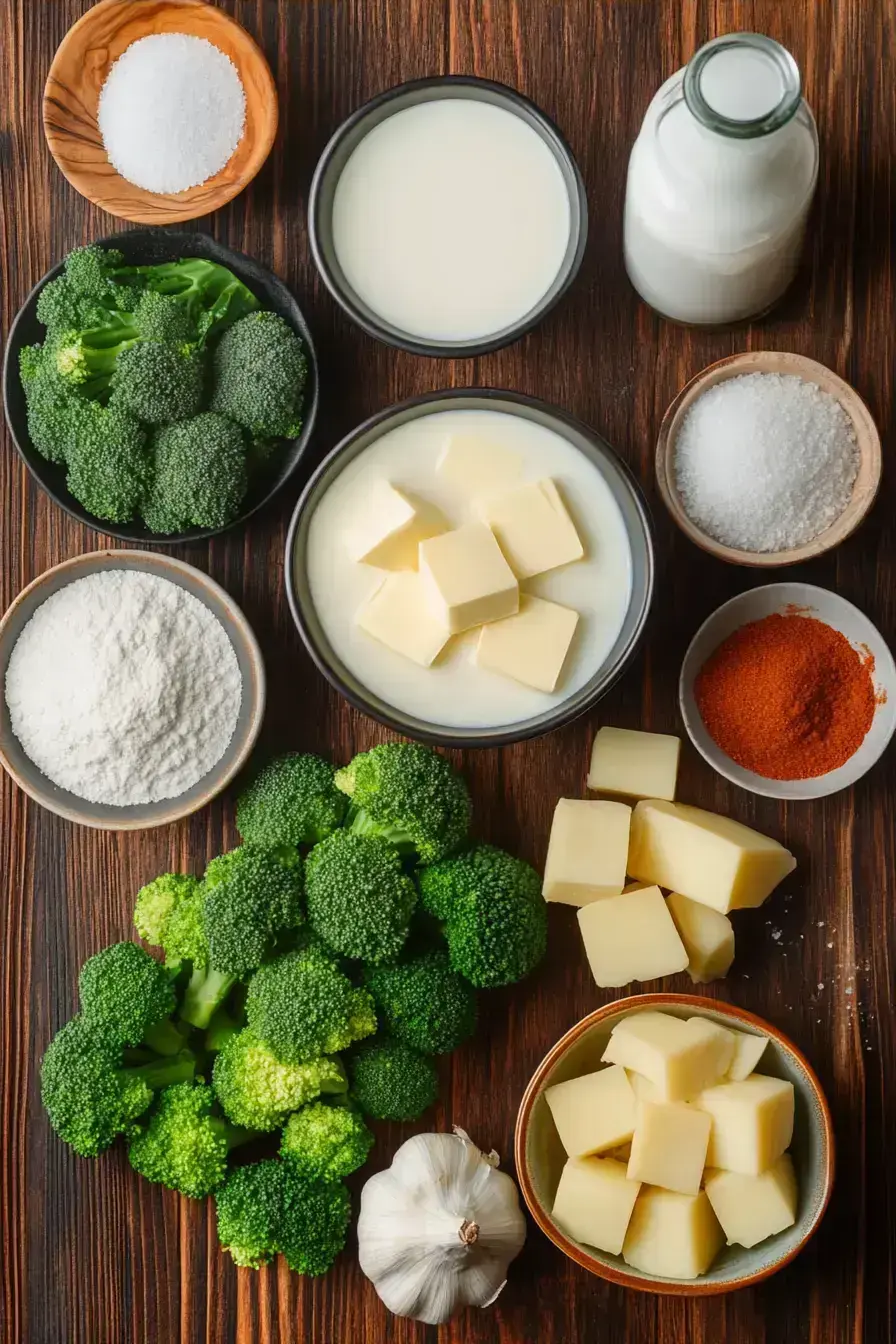 Fresh ingredients for Cream of Broccoli Soup on a wooden table
