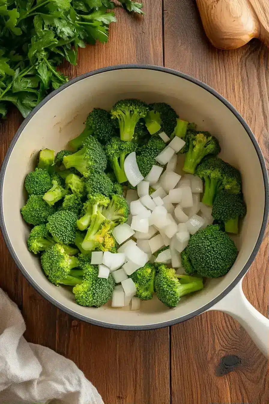 Sautéing onions and garlic for Cream of Broccoli Soup