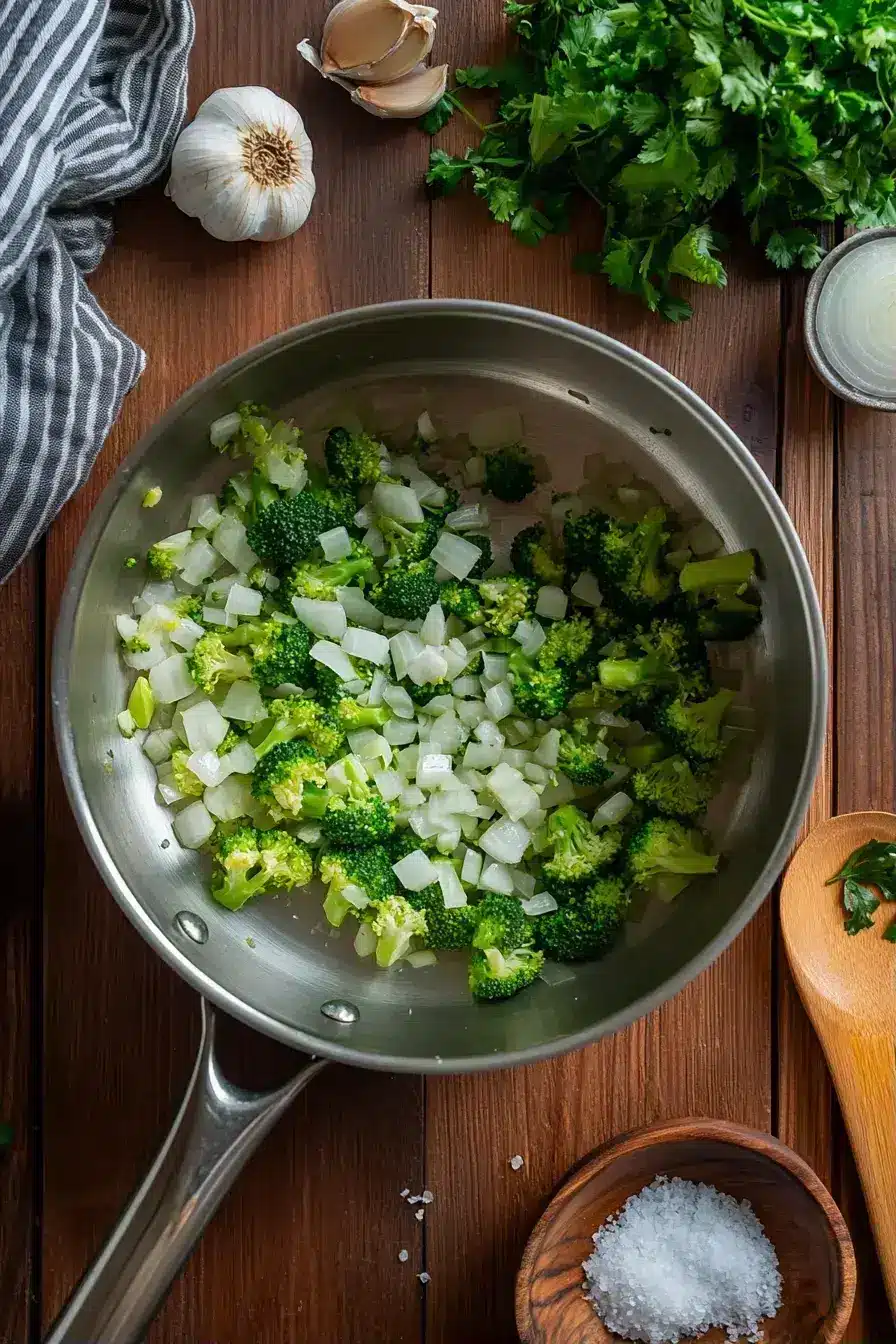 Blending creamy Cream of Broccoli Soup to smooth texture
