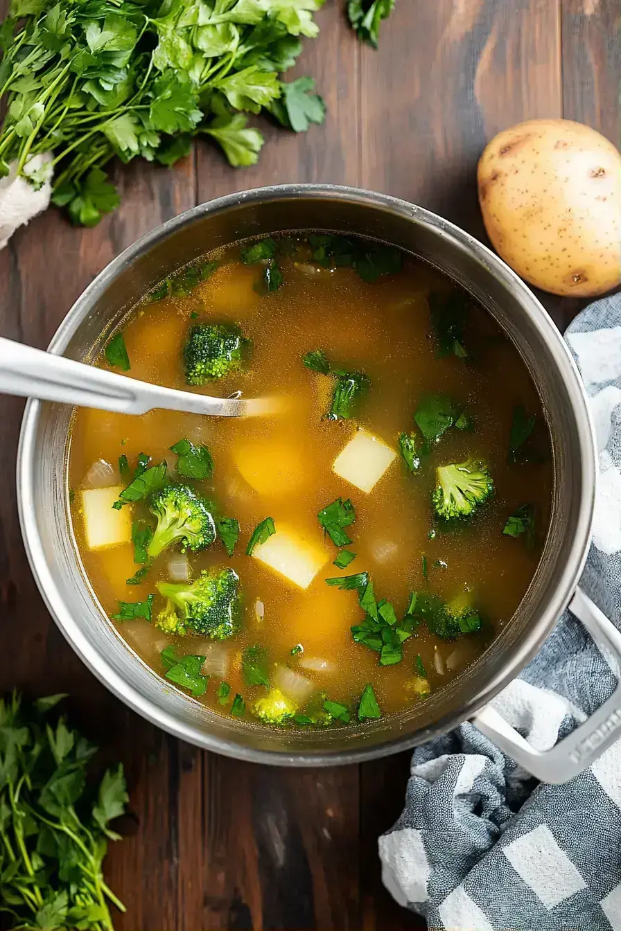 Finished bowl of creamy Cream of Broccoli Soup with garnish