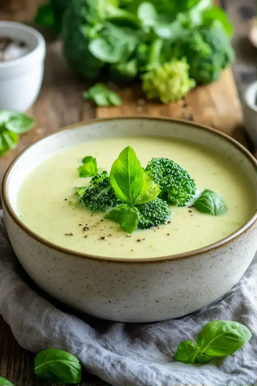 Cream of Broccoli Soup served with crusty bread and fresh herbs