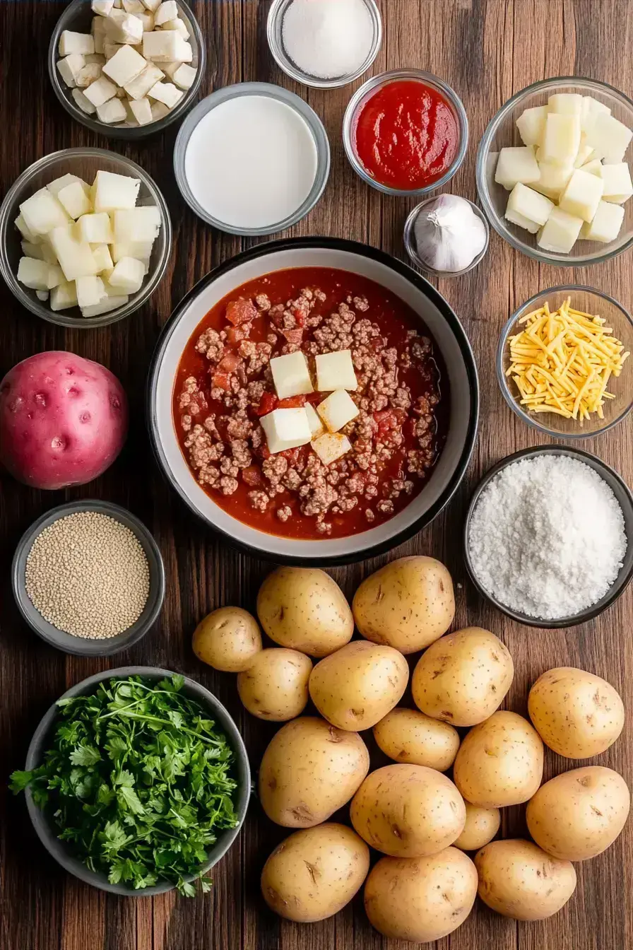 Ingredients for slow cooker cheeseburger soup laid out on a counter
