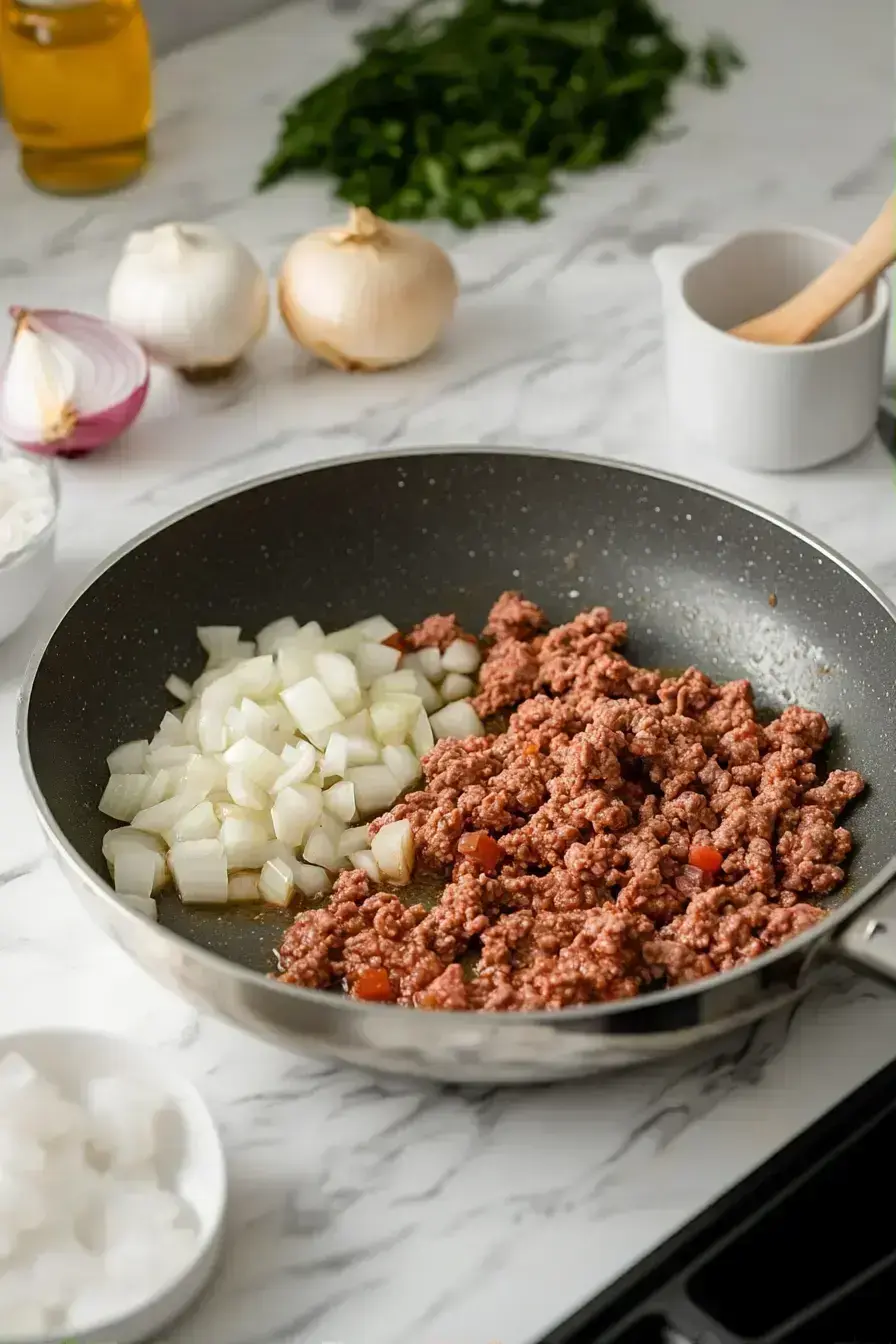 Combining ground beef, potatoes, and broth in a crockpot for cheeseburger soup