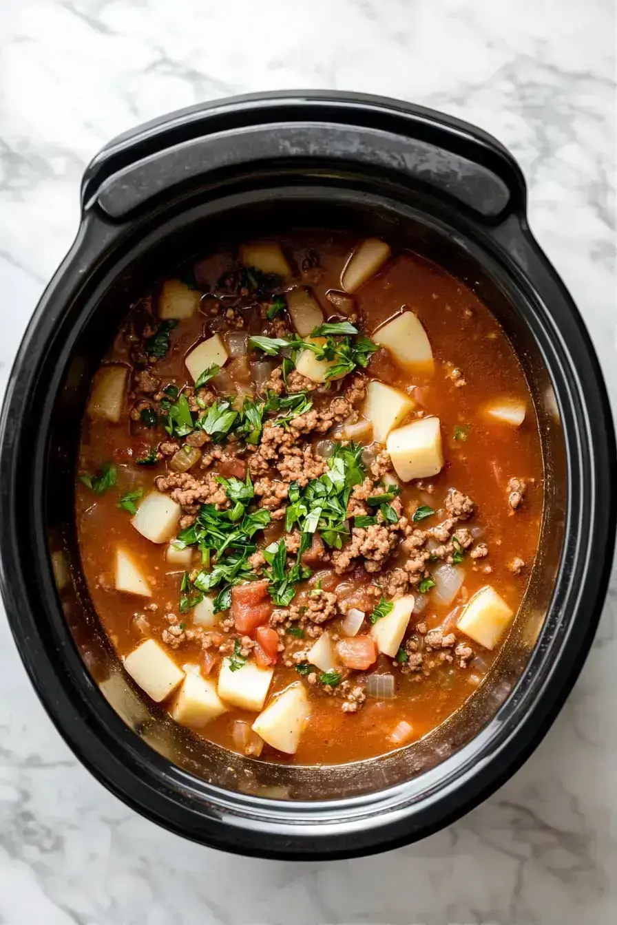 Pouring creamy roux into the crockpot to thicken the cheeseburger soup