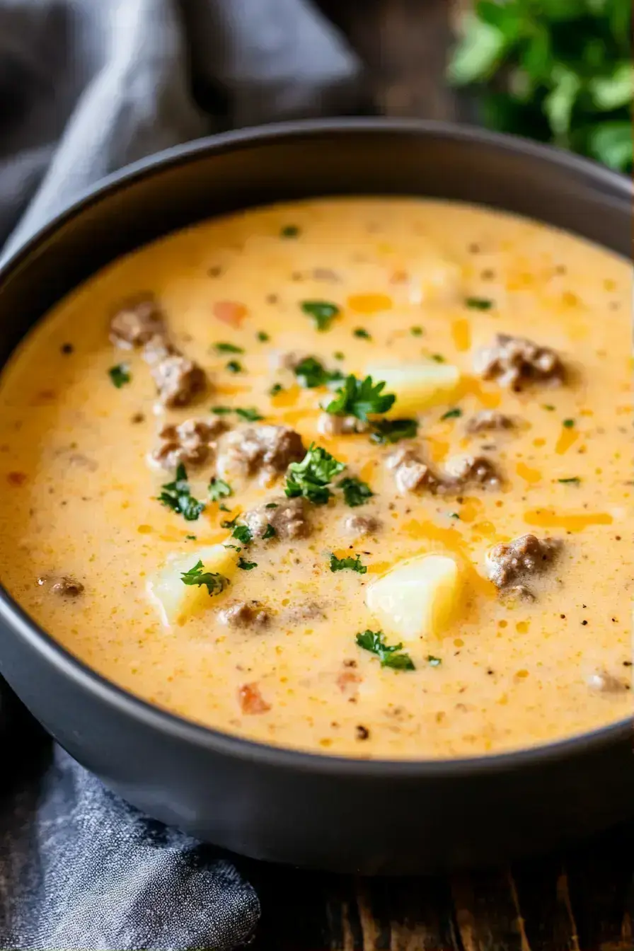 Family enjoying bowls of crockpot cheeseburger soup with optional toppings at a cozy dinner table