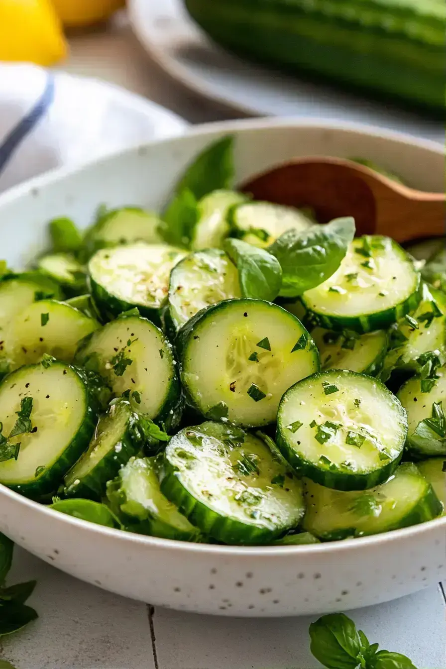 Cucumber salad served in a glass bowl with grilled chicken