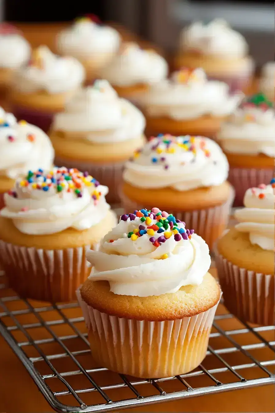 A beautiful tiered stand displaying an assortment of decorated birthday cupcakes