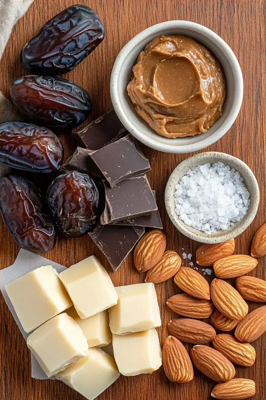 Ingredients for Date Bark laid out on a rustic wooden table